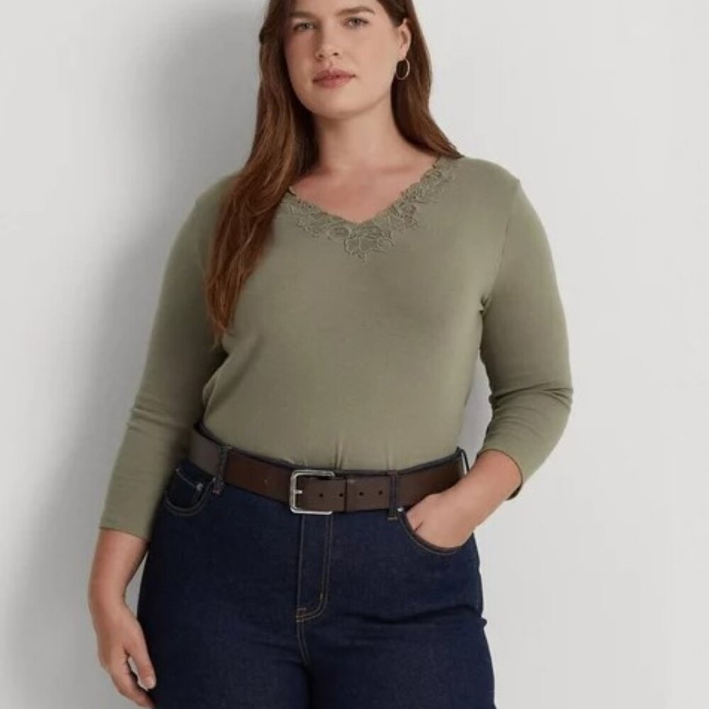 NWT Lauren Ralph Lauren Green Lace V-Neck Shirt, Size 3X, 3/4 Sleeves